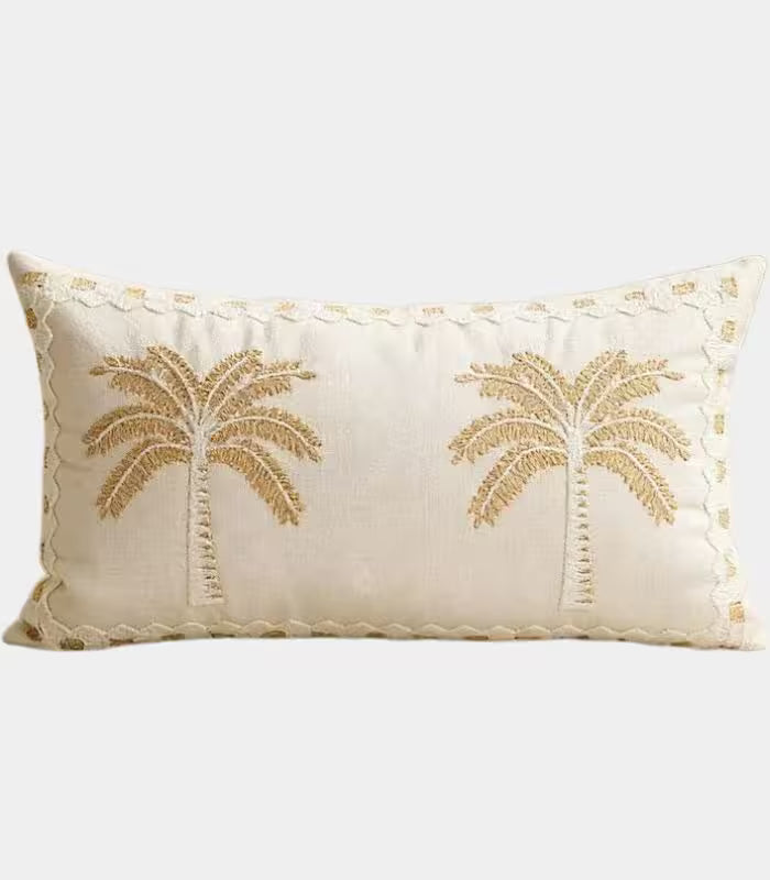 Palm Tree Embroidered Cushion Cover with Decorative Trim