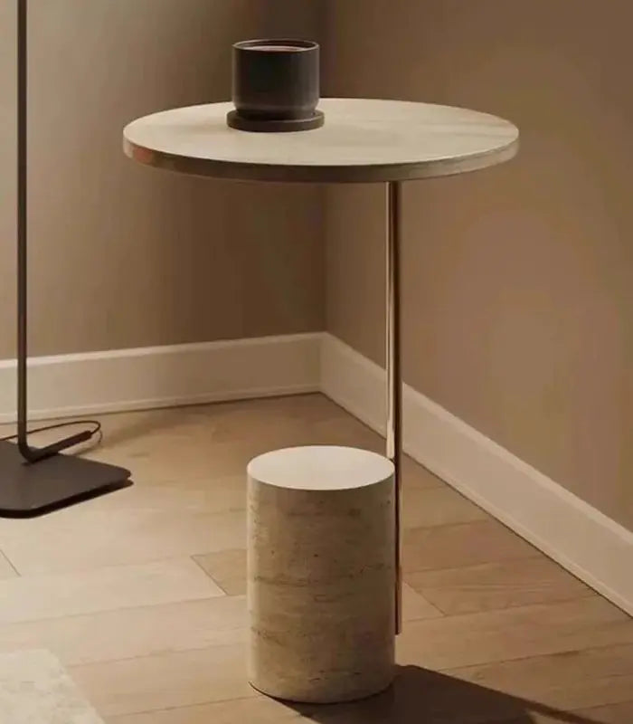 Natural Travertine Side Table with Iron Accent 55 cm