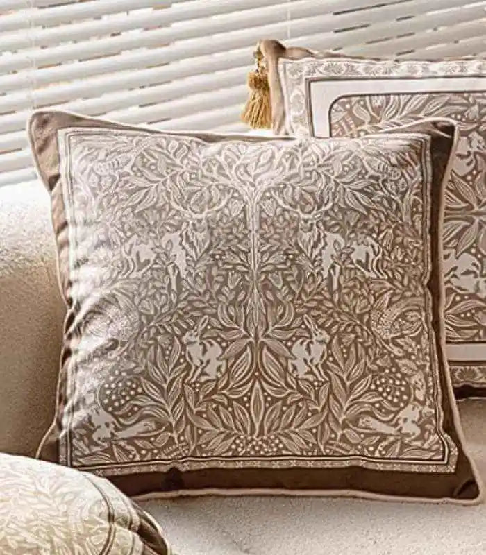 Velvet Forest Motif Decorative Cushion - 3 Styles Velvet Brown & Cream