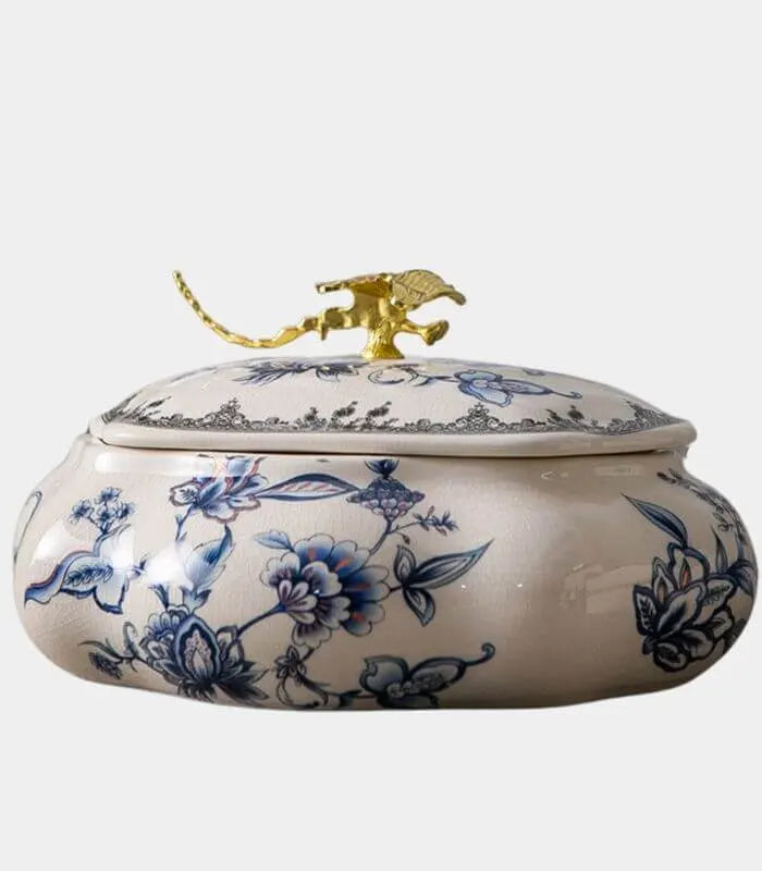 Dragonfly Blue & White Porcelain Trinket Box with Crackle Glaze - 22.5 x 18.5 cm