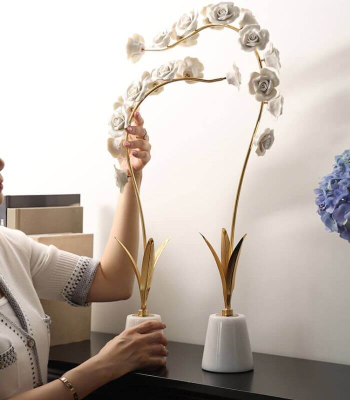 Orchid Stem in Marble Stand Sculpture Porcelain