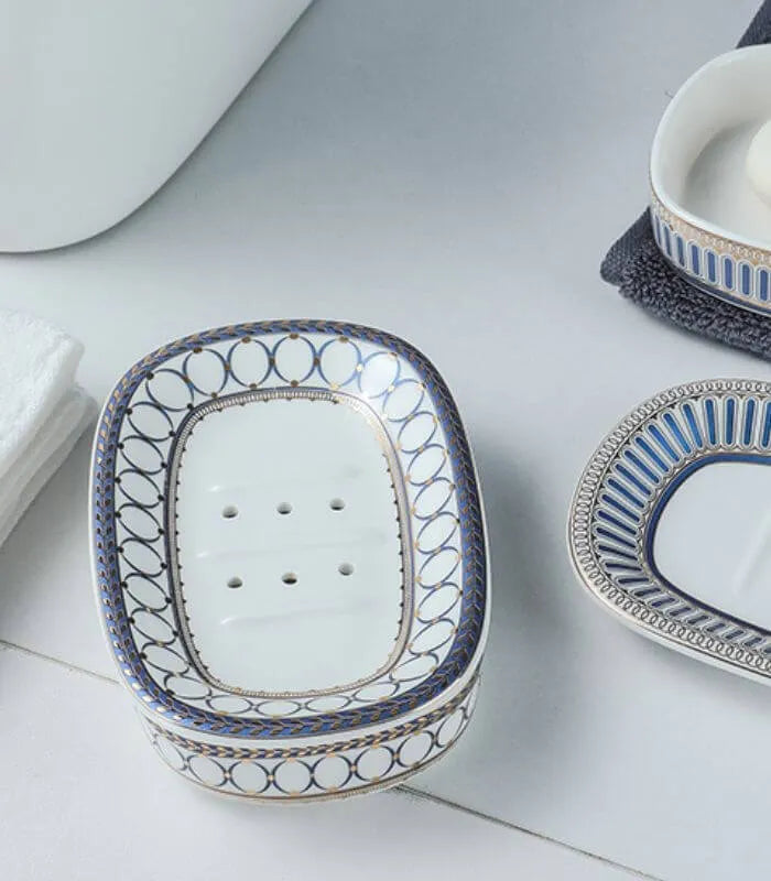 Ceramic Soap Dish With Drain Blue and White