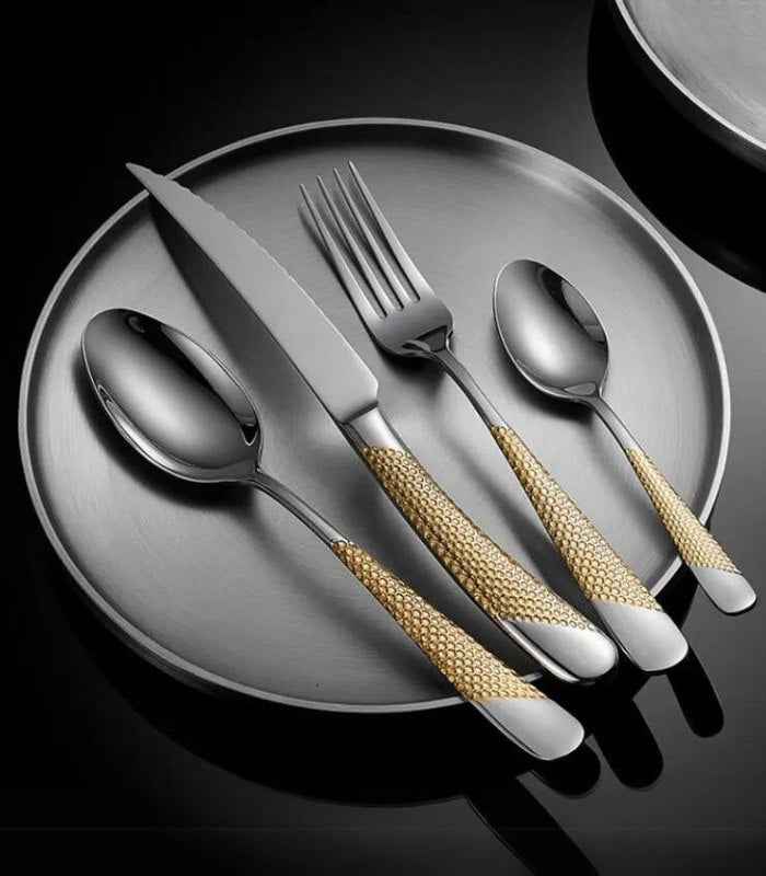 24 Pc Premium Cutlery Set Stainless Steel Mirror-Polished Silver Gold