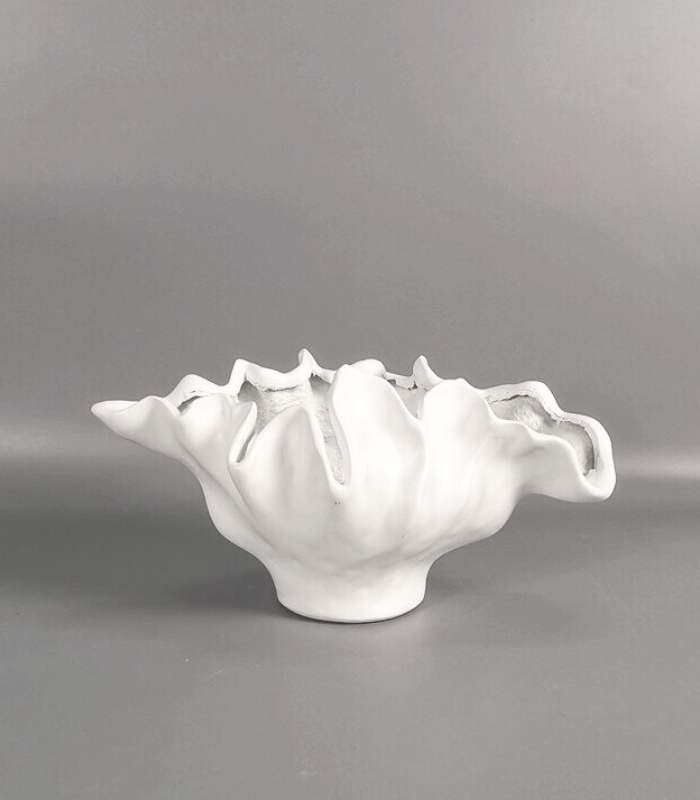 Centerpiece Bowl Vase with Rippled Design Large White Resin