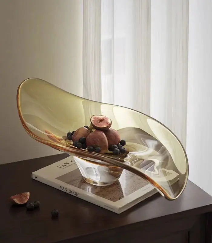 Solara Handblown Glass Fruit Bowl – Organic Wave Design Warm Amber Gold