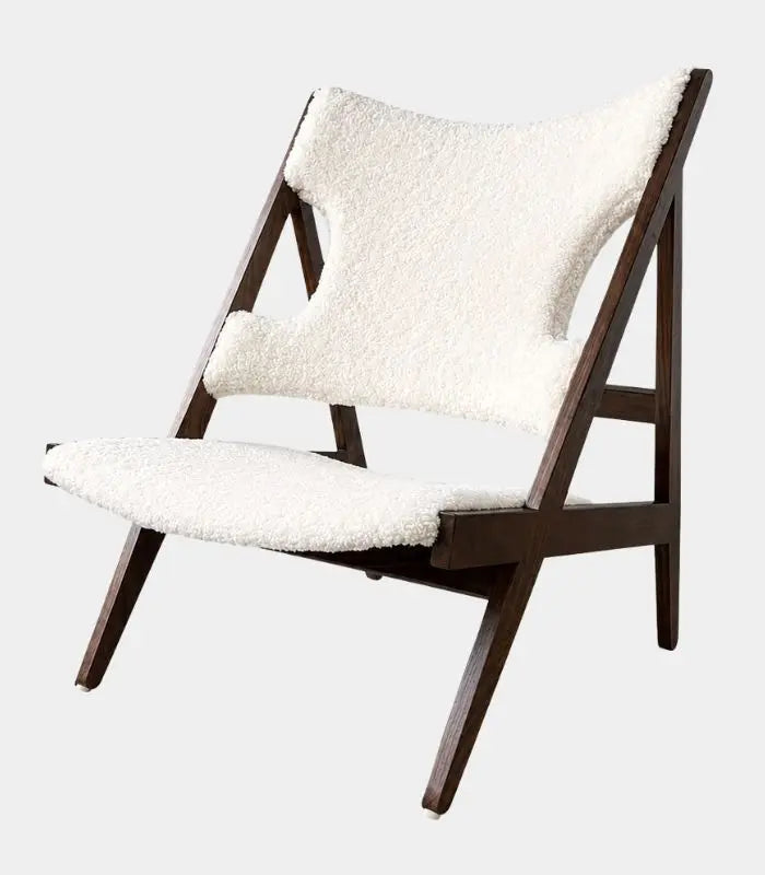 Knitting Lounge Chair — Mid-Century A-Frame in Ashwood & Ivory Boucle | Low-Slung Accent Chair