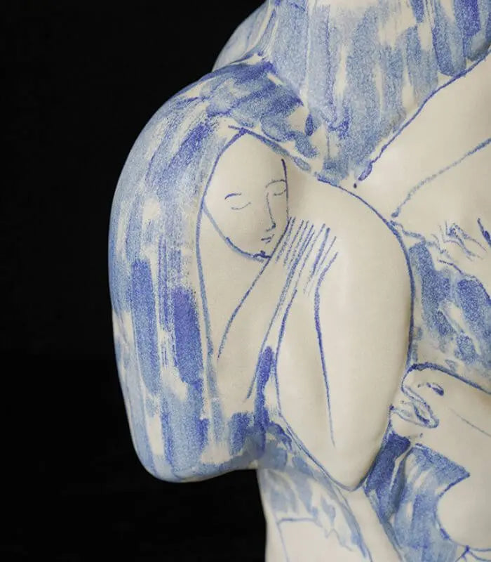 Artisan-crafted Ceramic Tabletop Vase Large Cream White and Blue Double-sided 38 cm