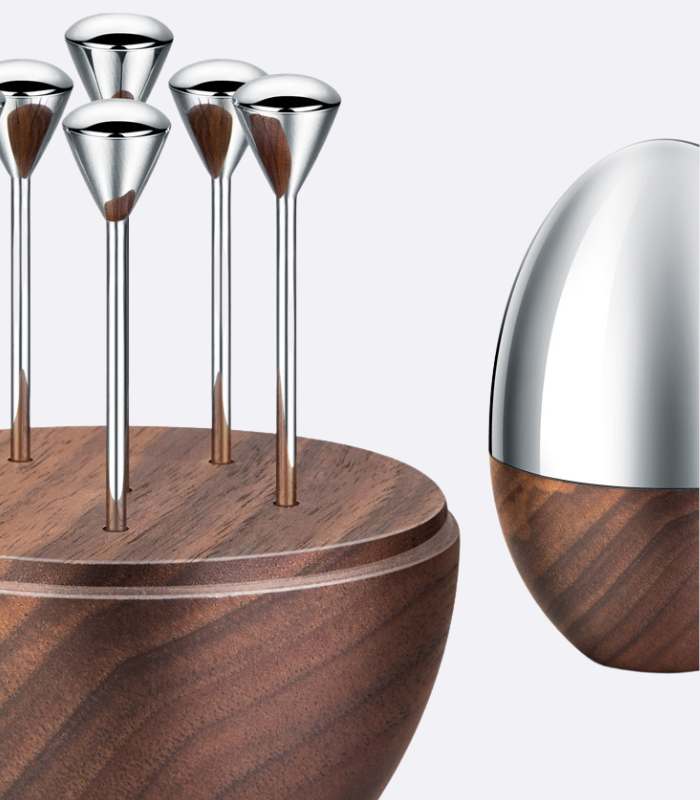 Set of 6 Cocktail Picks in Walnut Wood and Stainless Steel Egg - Unique Barware Accessories