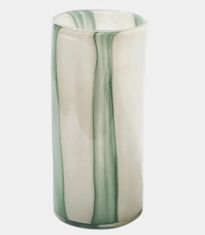 Meridian Striped Glass Vase – Contemporary Green and White Cylindrical Design