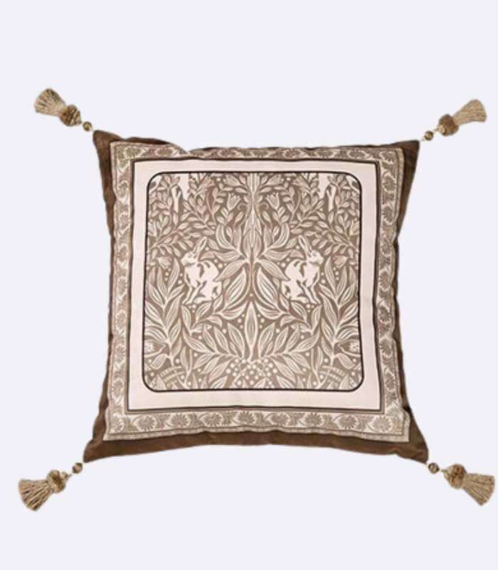 Velvet Forest Motif Decorative Cushion - 3 Styles Velvet Brown & Cream
