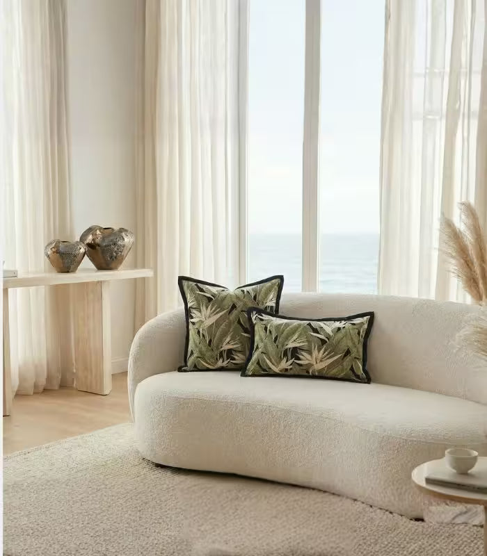 Tropical Leaf Jacquard Cushion Cover – Sage Green with Black Border