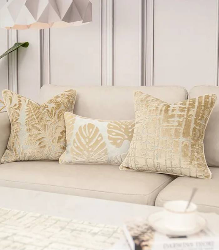 Velvet Floral Garden Cushion Cover Velvet Embroidery Beige