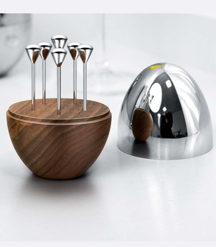 Set of 6 Cocktail Picks in Walnut Wood and Stainless Steel Egg - Unique Barware Accessories