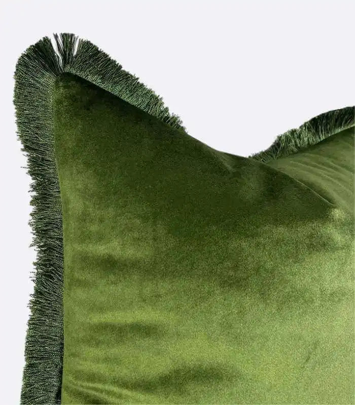 Jacquard and Velvet Cushion Cover with Fringe Green Woven 45 cm