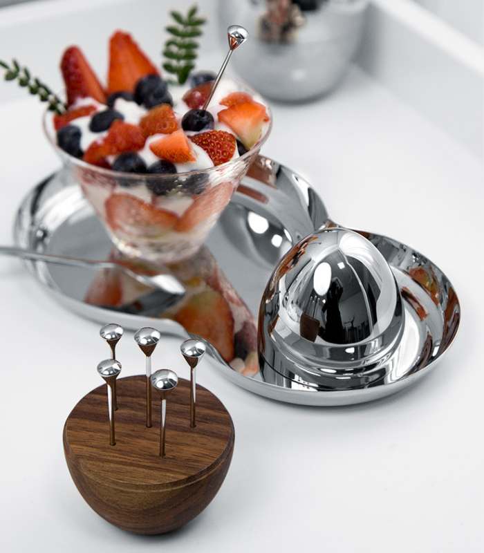 Set of 6 Cocktail Picks in Walnut Wood and Stainless Steel Egg - Unique Barware Accessories