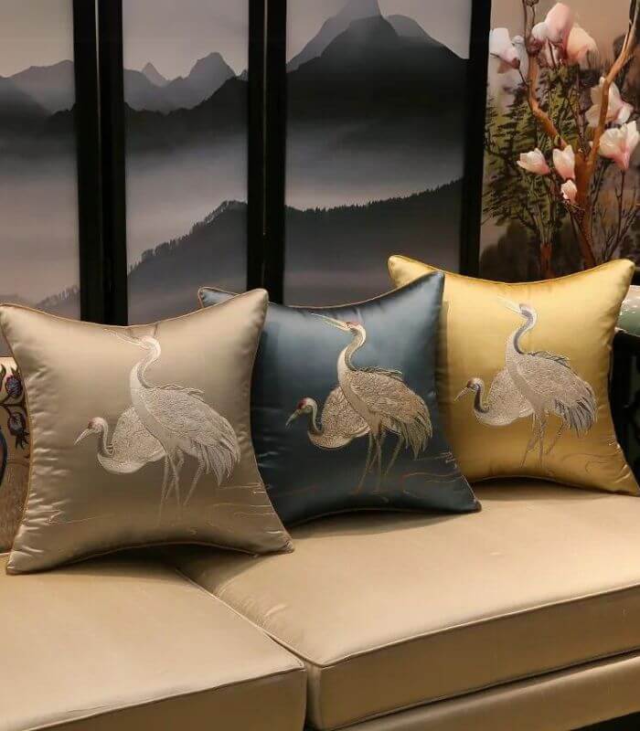Cushion Cover Crane Embroidered Silk Satin 45x45cm