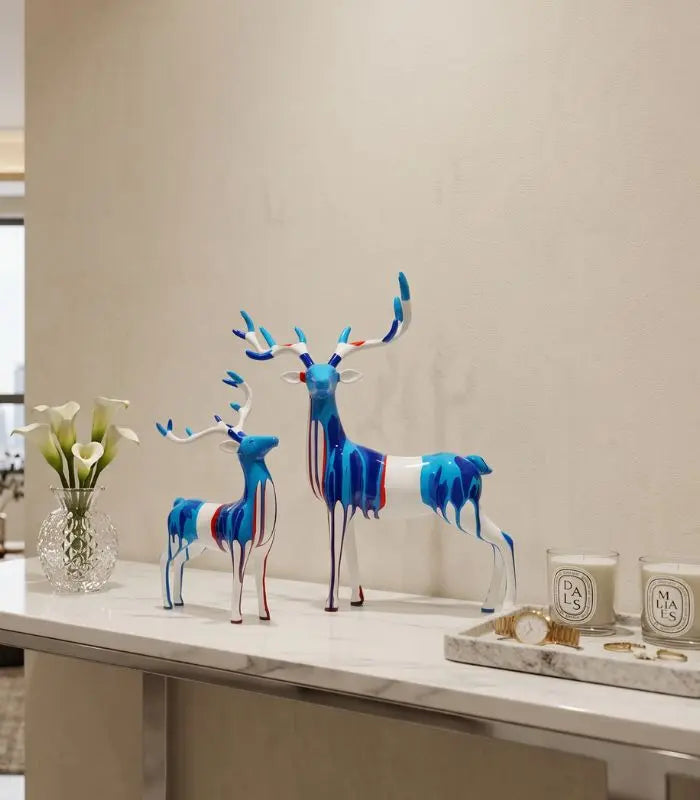 Set of 2 Reindeer Sculptures Blue & White Resin