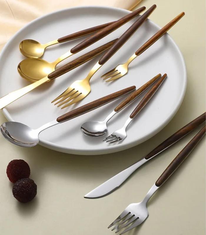 30 Pcs Cutlery Set Dinnerware 304 Stainless Steel Wooden Handle