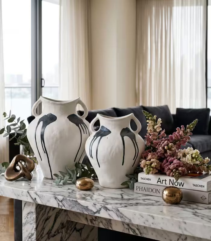 Callista Ceramic Vase – Hand-Painted Abstract Ink Design with Twin Handles