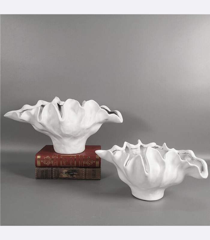 Centerpiece Bowl Vase with Rippled Design Large White Resin