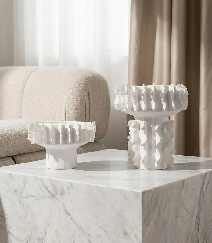 Ceramic Vase White Sculptural Ruffled Design