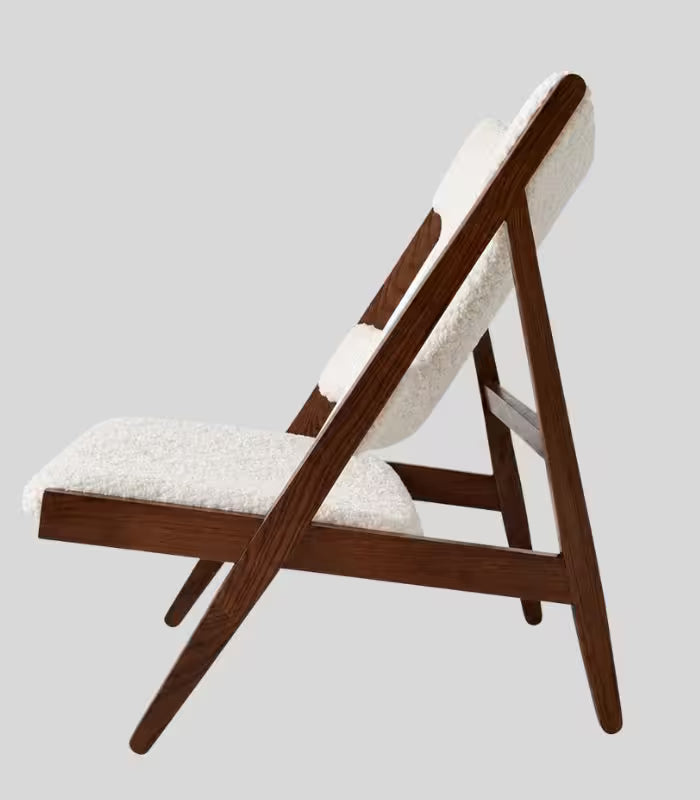 Knitting Lounge Chair — Mid-Century A-Frame in Ashwood & Ivory Boucle | Low-Slung Accent Chair