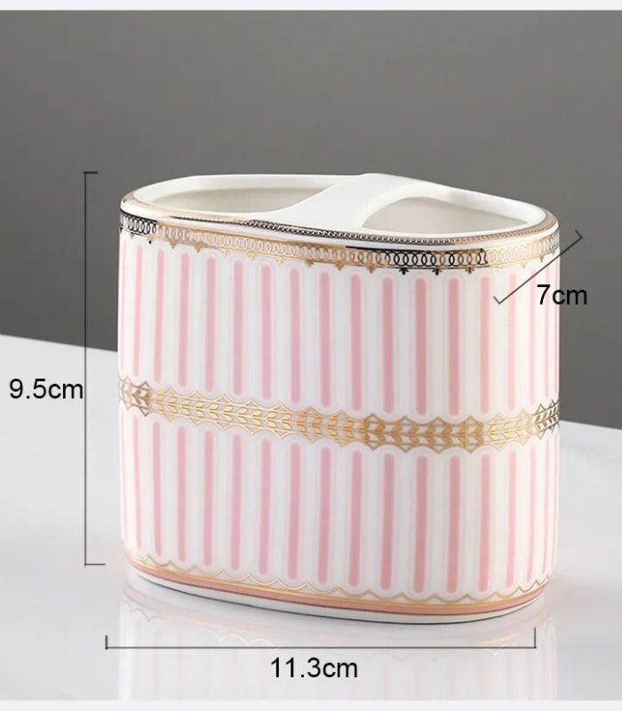 5-teiliges Badezimmer-Accessoires-Set, Keramik, Rosa & Weiß