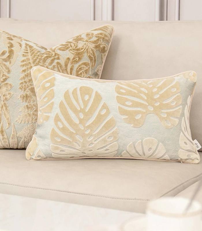 Velvet Floral Garden Cushion Cover Velvet Embroidery Beige