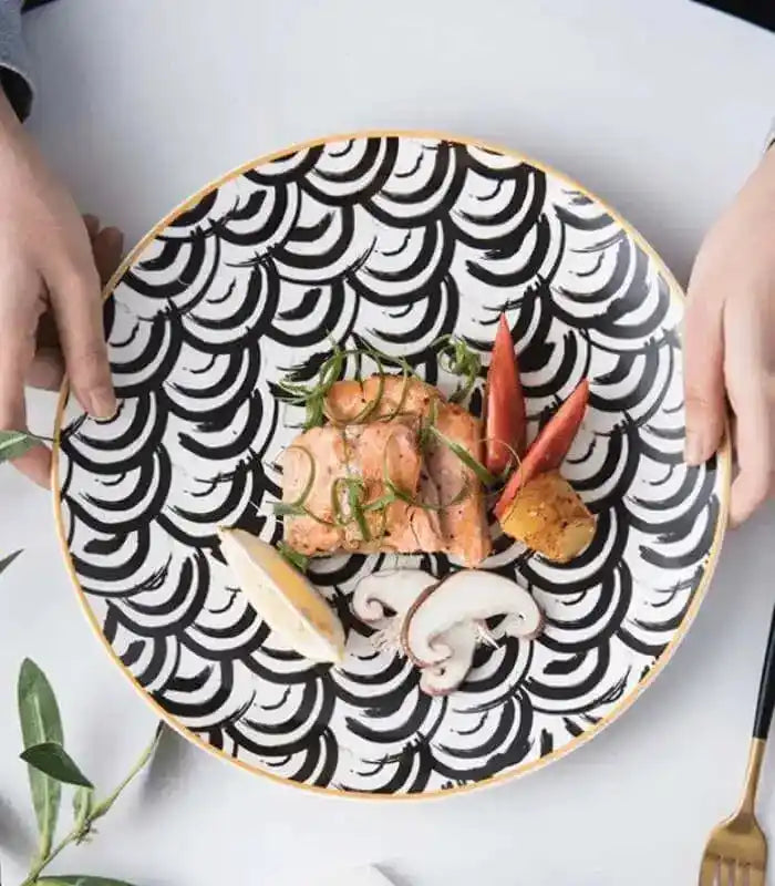 Set of 6 Dining Plates Black & White Porcelain 20cm