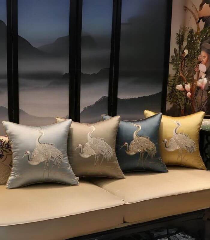 Cushion Cover Crane Embroidered Silk Satin 45x45cm