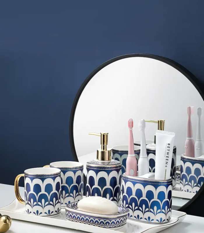 Bathroom Accessories Mouthwash Mug Blue & White Ceramic