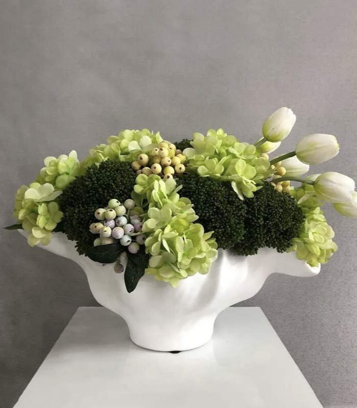 Centerpiece Bowl Vase with Rippled Design Large White Resin