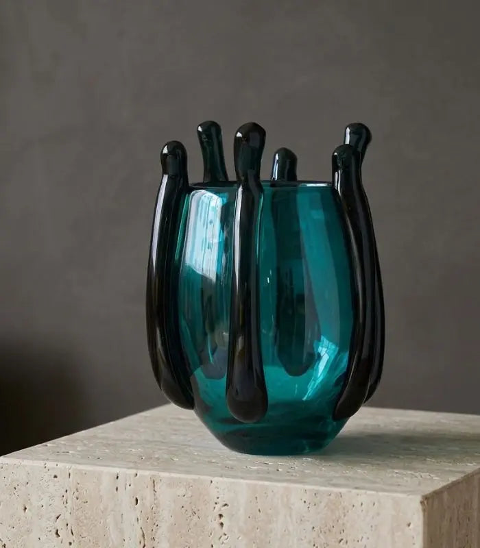 Oceana Glass Vase – Hand-Crafted Sculptural Cage Design in Teal 27 cm