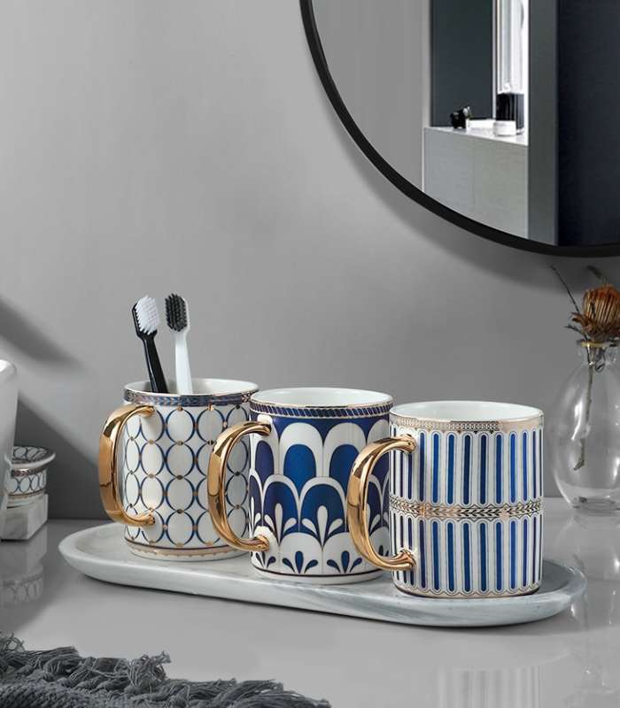 Bathroom Accessories Mouthwash Mug Blue & White Ceramic
