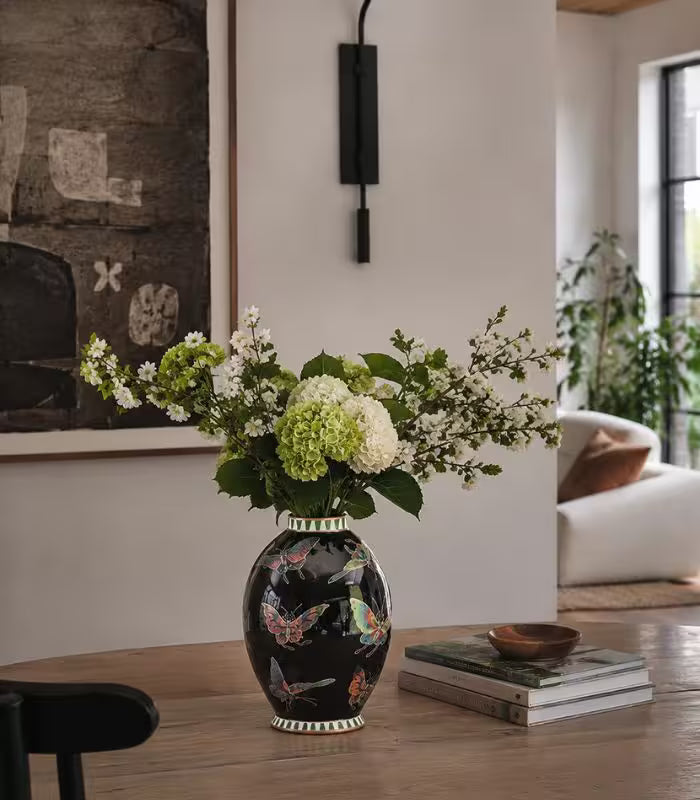 Danza Butterfly Hand-Painted Porcelain Vase – Black with Gold Trim
