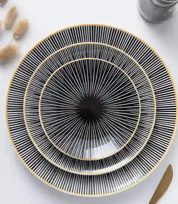 Set of 6 Dining Plates Black & White Porcelain Large 25cm