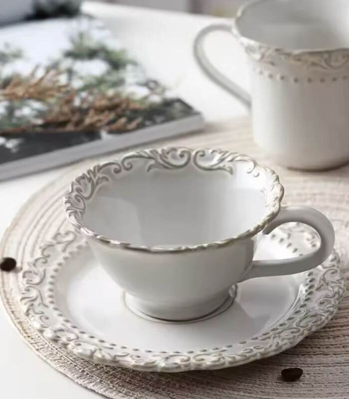 French Baroque Tea Cup with Saucer Ceramic Embossed