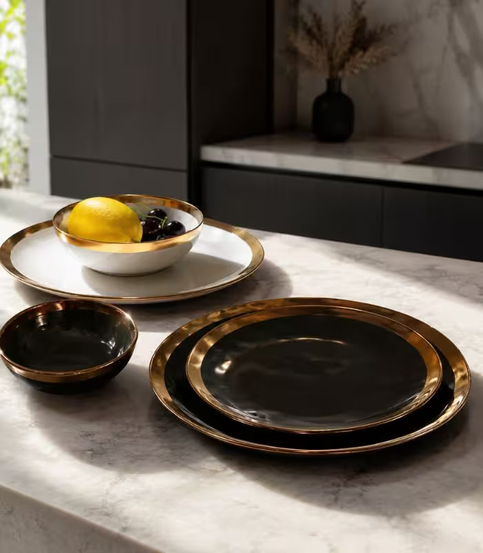 Gold Edge Porcelain Serving Platter Black & White 25 cm (10 in)