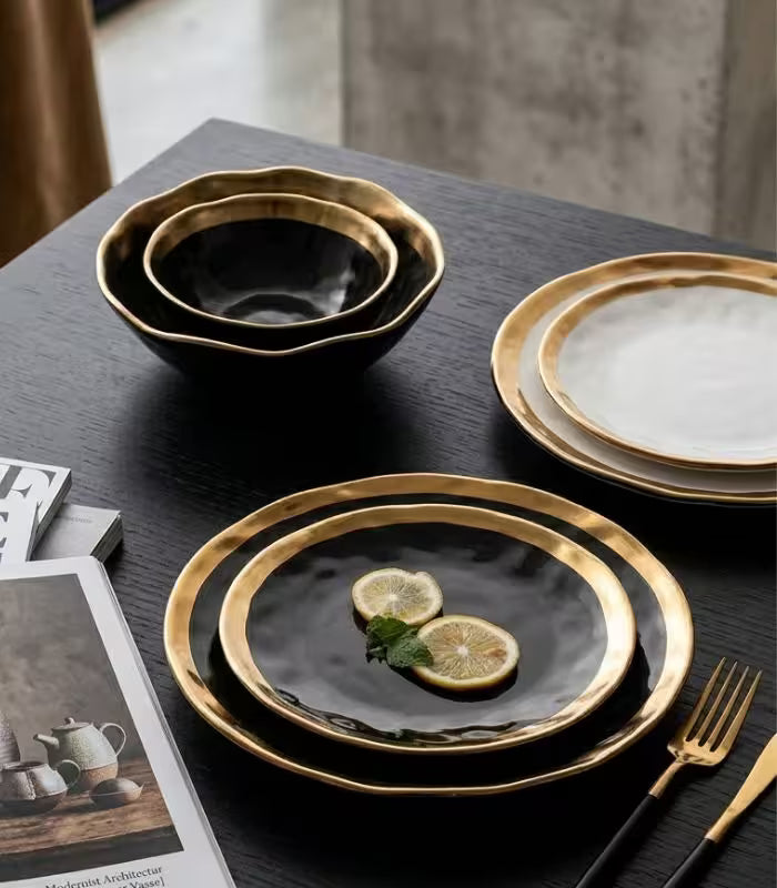 Gold Edge Porcelain Serving Platter Black & White 19.5 cm