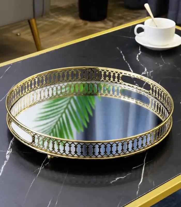 Vintage European Gold Mirror Metal Tray Round Mirror Tray