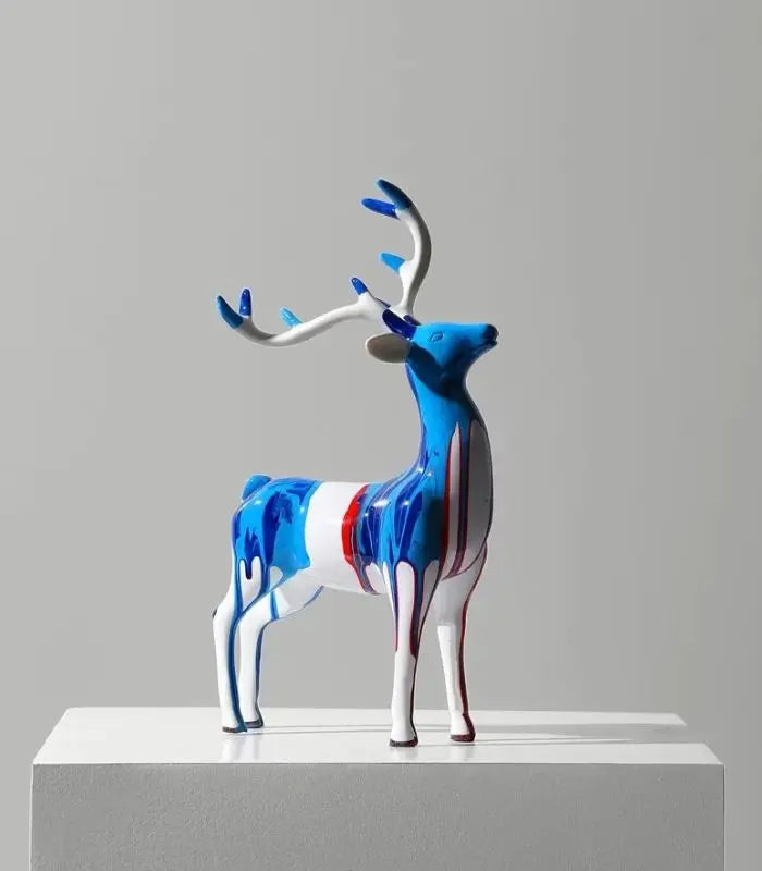 Set of 2 Reindeer Sculptures Blue & White Resin