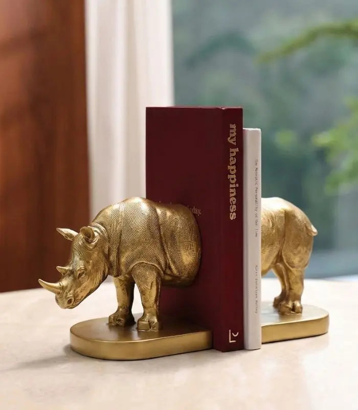Set 2 Pcs Rhinoceros Bookends – Golden Metallic Resin Design 25 cm (9.84 in)