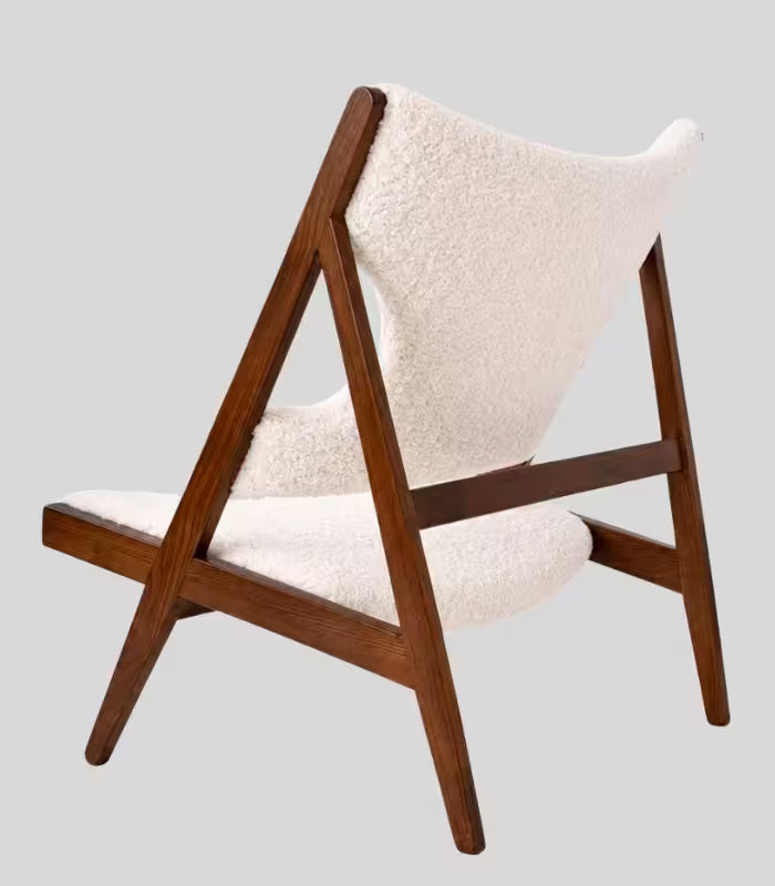 Knitting Lounge Chair — Mid-Century A-Frame in Ashwood & Ivory Boucle | Low-Slung Accent Chair