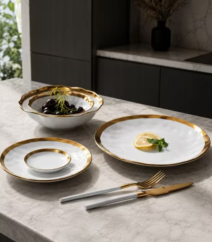 Gold Edge Porcelain Serving Platter Black & White 25 cm (10 in)