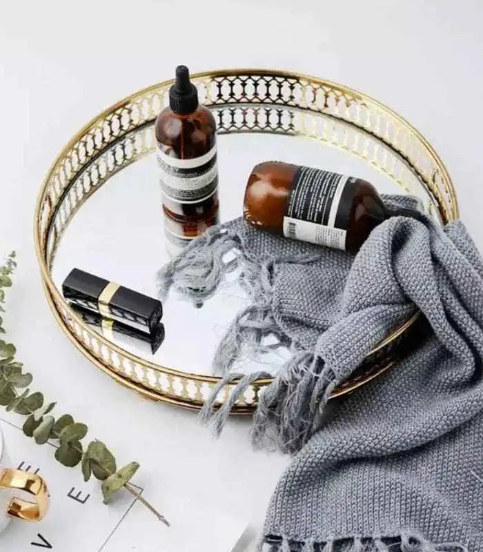 Vintage European Gold Mirror Metal Tray Round Mirror Tray