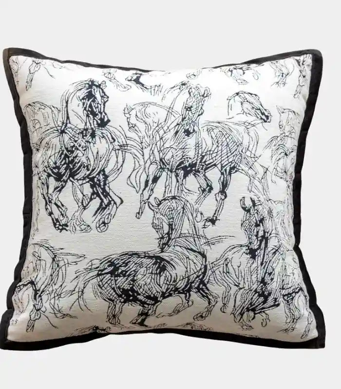 Equestrian Sketch Cushion Cover – Black and White Horse Study Jacquard Pillow Case 45x45 cm
