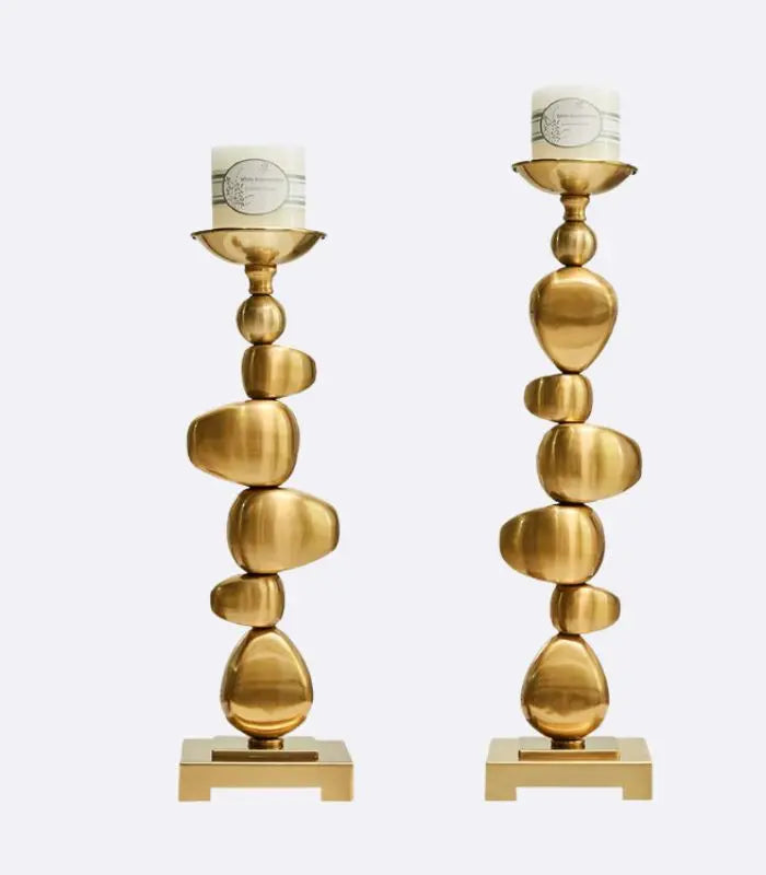 Sculptural Gold-Tone Pillar Candle Holders - Organic Pebble-Inspired Shape