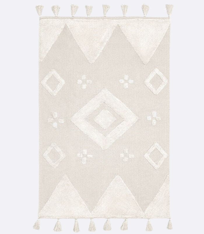 Moroccan Tassel Handmade Rug Beige & White Soft Cotton Non-slip Rug