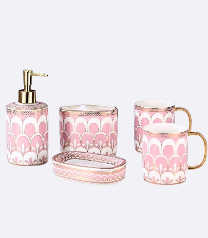 5-teiliges Badezimmer-Accessoires-Set aus Keramik in Rosa, Weiß und Gold