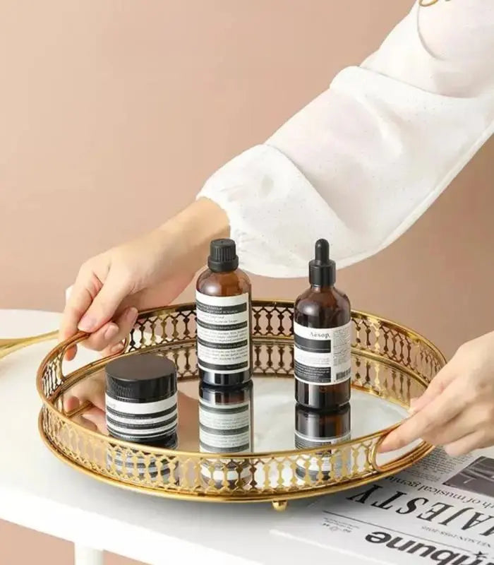 Vintage European Gold Mirror Metal Tray Round Mirror Tray